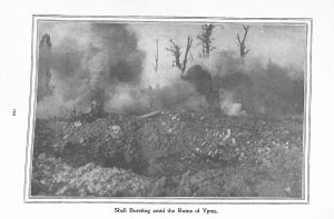 Page 102: Shell bursting amid the ruins of Ypres.