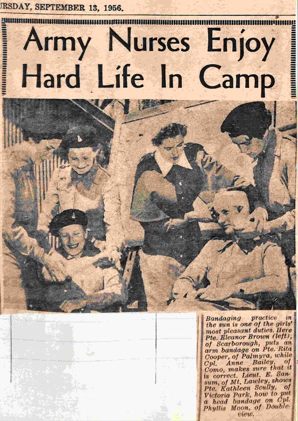 1956 Training camp; Eleanor Brown, Rita Cooper, Anne Bailey, E Sansum, Kathleen Scully, Phyllis Moon