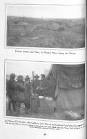 Page 50: 1. Factory Corner near Flers: a notable point during the winter. 2. A precious consolation: hot coffee in jam tins at the Comfort Fund's stall, Longueval. The two splendid men who are serving in this picture were both killed when the town hall at Bapaune was blown down by a delayed German mine.