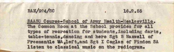 1955 RAANC Course, School of Army Health, Healesville. The common room at the School provides for all types of recreation for students, including darts, table tennis, dancing and here Sgt B Maxwell of Fremantle, WA, left, and Sgt I Coglan of Findon, SA, listen to classical music on the radiogram.