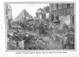 Page 67: Australian transport halted in Bapaume when the streets had just been cleared.