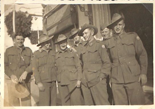 taken outside our hotel in Cairo; Pinky White, Roy Hancock, myself, Syd Lau, Ben Lofthouse, George Smith and Shep