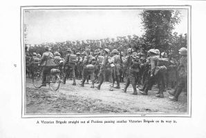 Page 31: A Victorian brigade straight out of Pozieres passing another Victorian brigade on its way in.