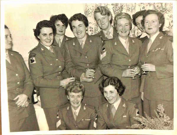 1956 Corps Dinner at 5 Camp Hospital; Captain L Allen, Lt J Travers, Pte Cronin, WO Gordon, Pte Patchett, Sgt McKenzie, Pte Holman, Captain Welch, Sgt McNab, Pte Woods